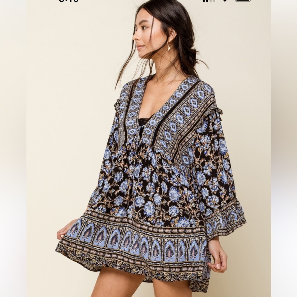 Free People Moonlight  Floral Tunic dress Blue V-Neck Long Sleeve M